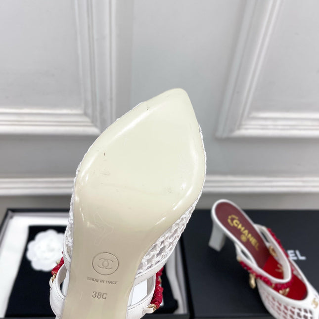 CHANEL 26S STARFISH EMBELLISHED MULE IN WHITE RED LEATHER & MESH