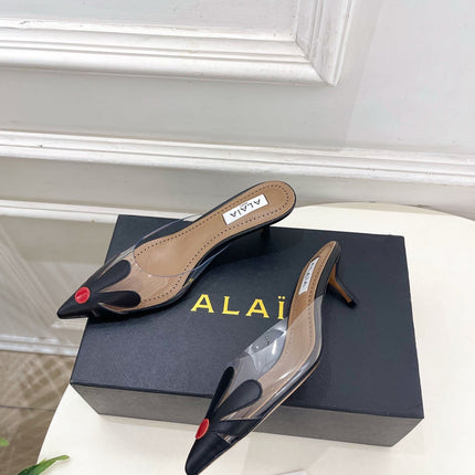 ALAIA 26S MULE HEELS 55 MM IN BLACK LAMBSKIN AND TRANSPARENT PVC