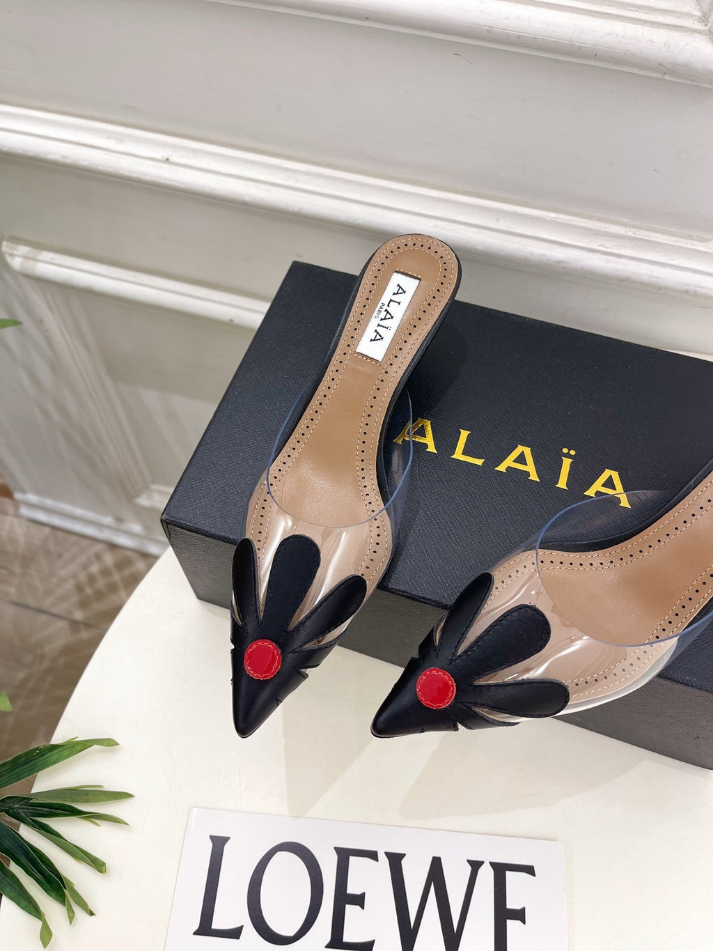 ALAIA 26S MULE HEELS 55 MM IN BLACK LAMBSKIN AND TRANSPARENT PVC