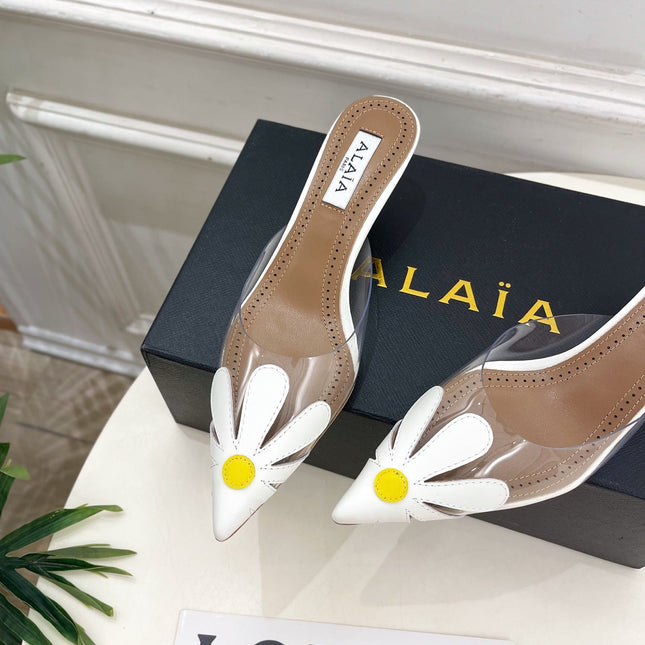 ALAIA 26S MULE HEELS 55 MM IN WHITE LAMBSKIN AND TRANSPARENT PVC