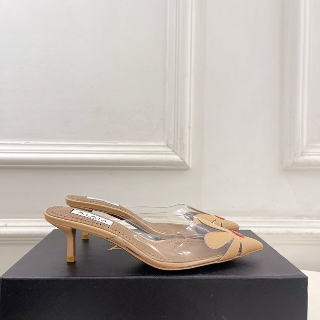 ALAIA 26S MULE HEELS 55 MM IN BEIGE LAMBSKIN AND TRANSPARENT PVC