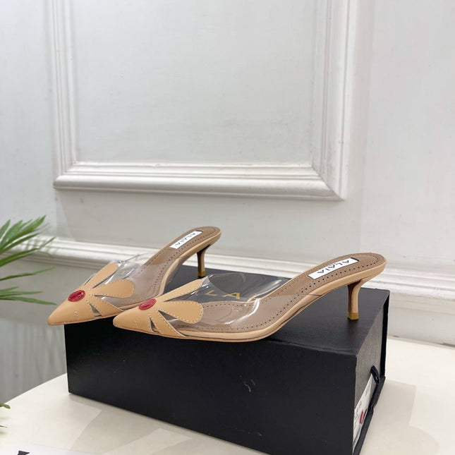 ALAIA 26S MULE HEELS 55 MM IN BEIGE LAMBSKIN AND TRANSPARENT PVC