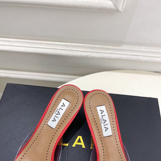 ALAIA 26S MULE HEELS 55 MM IN DARK RED LAMBSKIN AND TRANSPARENT PVC