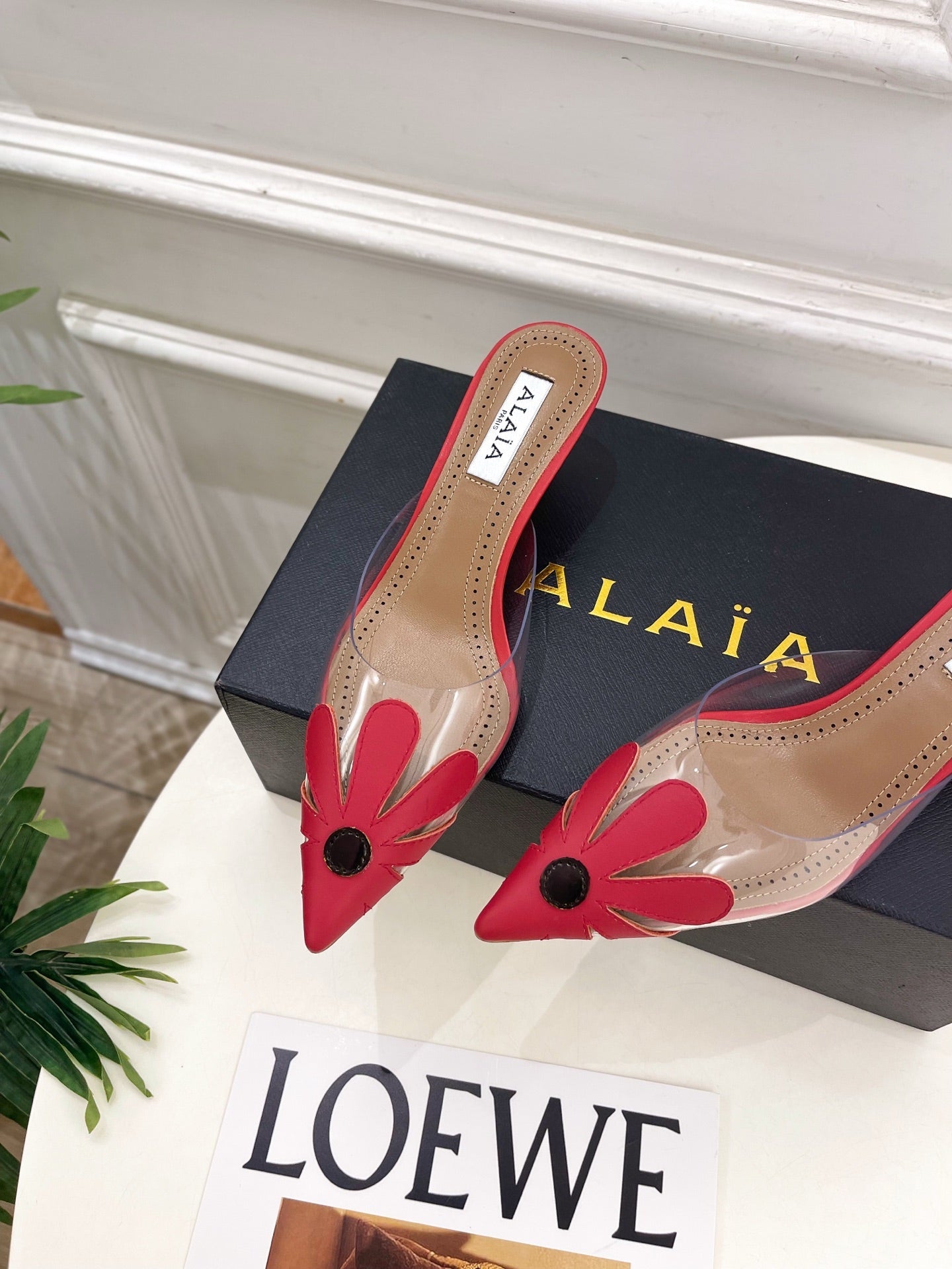 ALAIA 26S MULE HEELS 55 MM IN DARK RED LAMBSKIN AND TRANSPARENT PVC