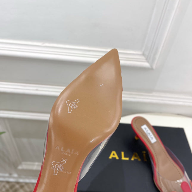 ALAIA 26S MULE HEELS 55 MM IN DARK RED LAMBSKIN AND TRANSPARENT PVC