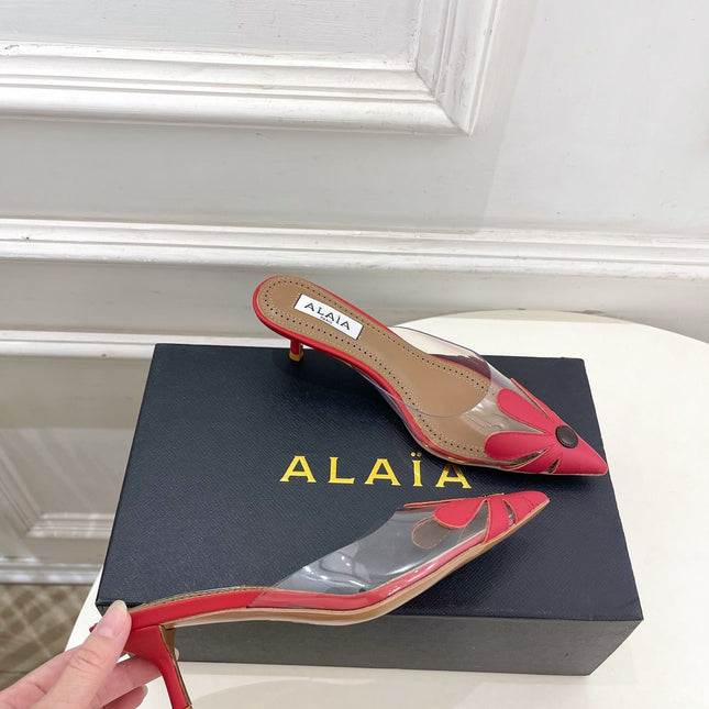 ALAIA 26S MULE HEELS 55 MM IN DARK RED LAMBSKIN AND TRANSPARENT PVC