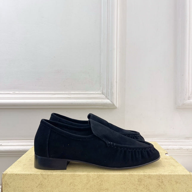 THE ROW 26S MOCCASIN LOAFERS 20MM IN BLACK SUEDE
