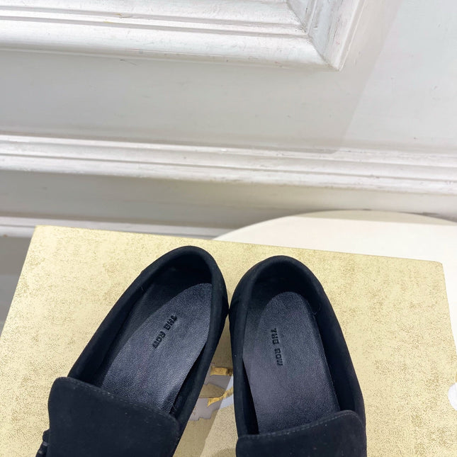 THE ROW 26S MOCCASIN LOAFERS 20MM IN BLACK SUEDE
