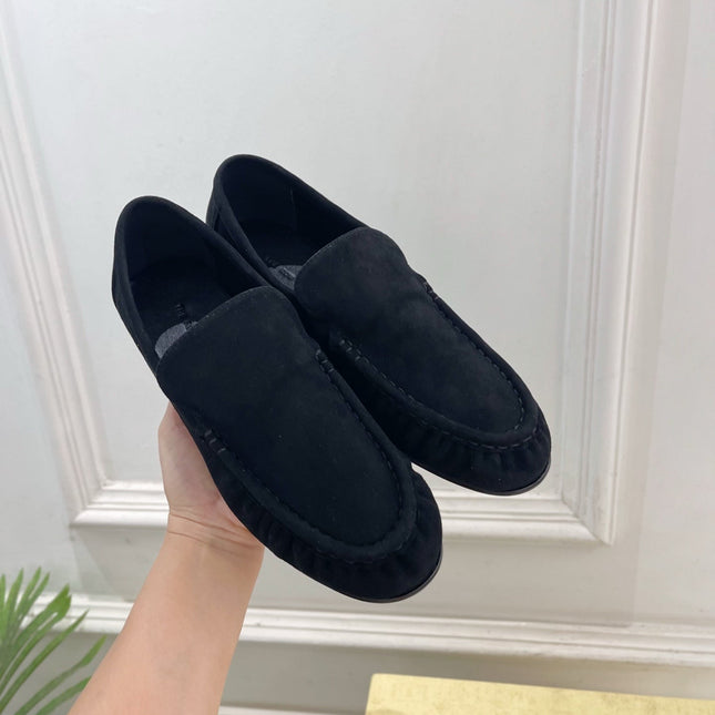 THE ROW 26S MOCCASIN LOAFERS 20MM IN BLACK SUEDE