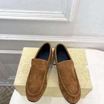 THE ROW 26S MOCCASIN LOAFERS 20MM IN COGNAC BROWN SUEDE