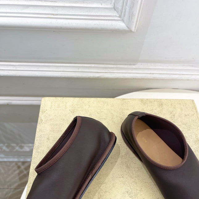 THE ROW 26S SLIP-ON FLATS IN DARK BROWN NAPPA CALFSKIN