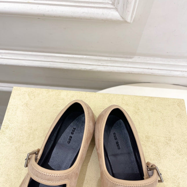 THE ROW 26S ROUND TOE MARY JANE FLATS IN LIGHT BROWN SUEDE