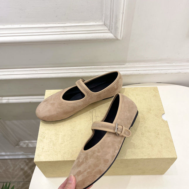 THE ROW 26S ROUND TOE MARY JANE FLATS IN LIGHT BROWN SUEDE
