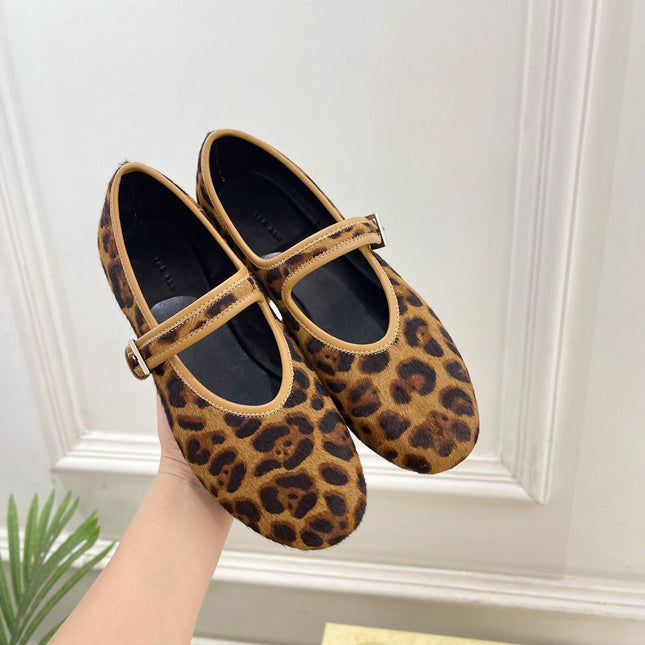 THE ROW 26S ROUND TOE MARY JANE FLATS IN BROWN LEOPARD CALF HAIR