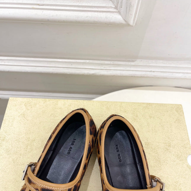 THE ROW 26S ROUND TOE MARY JANE FLATS IN BROWN LEOPARD CALF HAIR