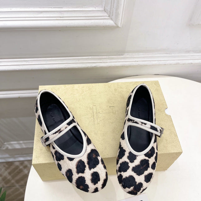 THE ROW 26S ROUND TOE MARY JANE FLATS IN LEOPARD CALF HAIR