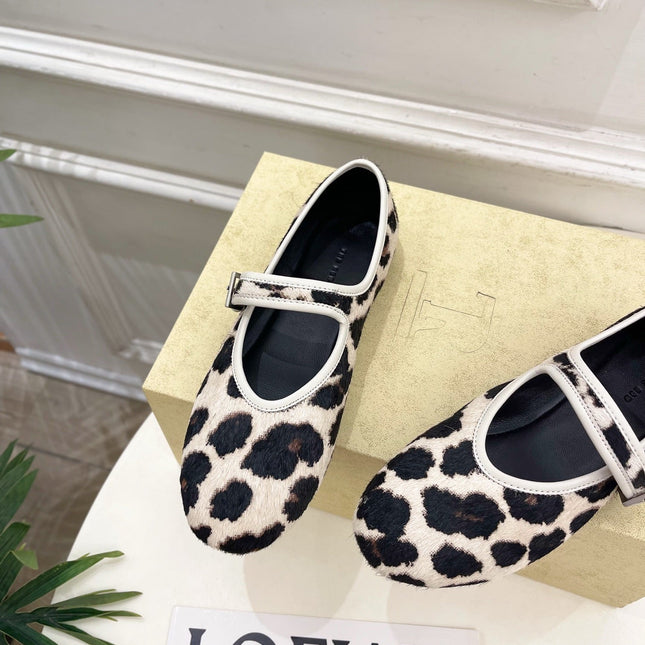 THE ROW 26S ROUND TOE MARY JANE FLATS IN LEOPARD CALF HAIR