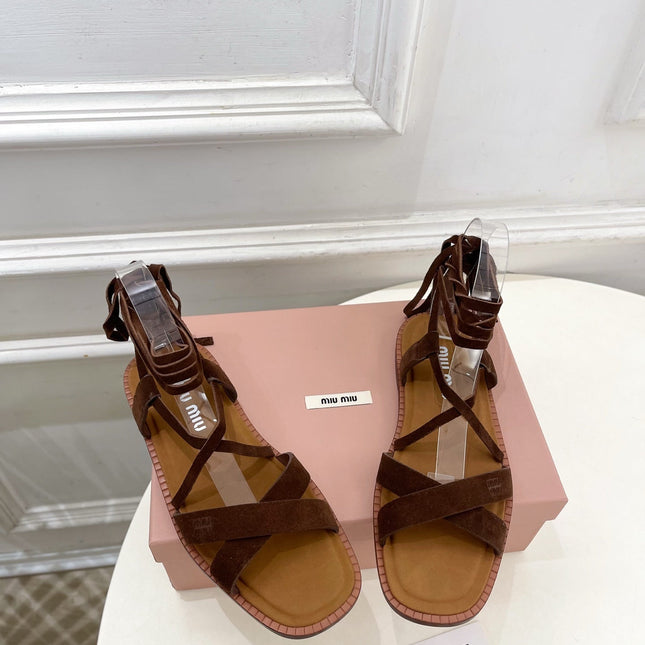 MIUMIU 26S LACE-UP SANDALS IN DARK BROWN SUEDE