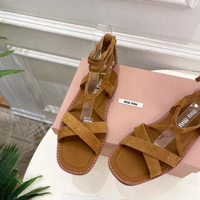 MIUMIU 26S LACE-UP SANDALS IN CARAMEL BROWN SUEDE
