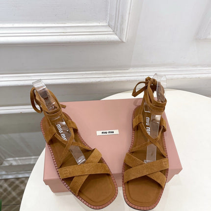 MIUMIU 26S LACE-UP SANDALS IN CARAMEL BROWN SUEDE