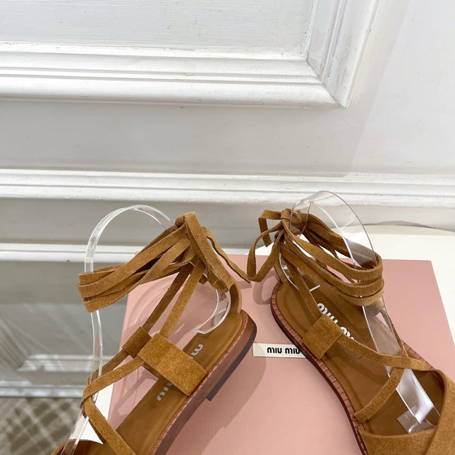 MIUMIU 26S LACE-UP SANDALS IN CARAMEL BROWN SUEDE