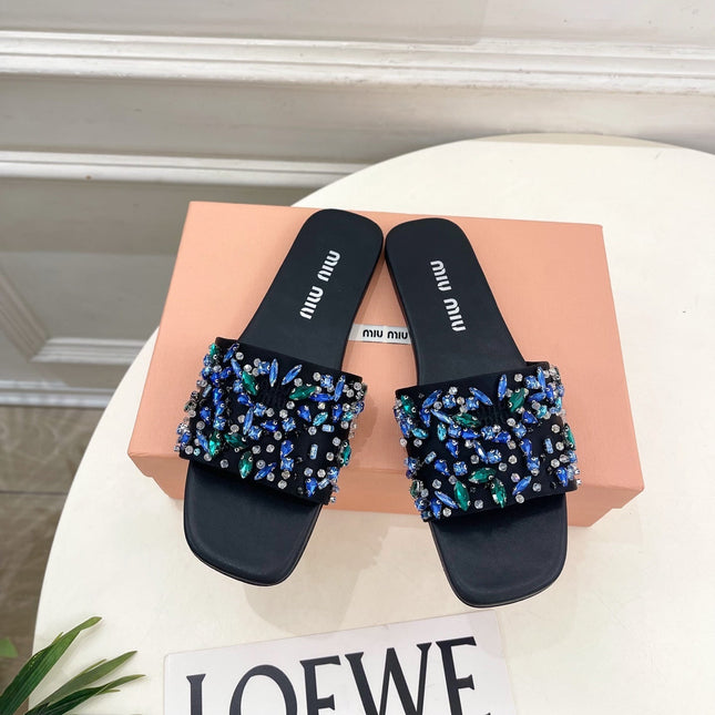 MIUMIU 26S SLIDES IN BLACK SATIN CRYSTAL EMBELLISHED