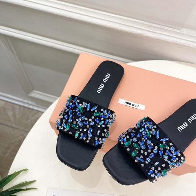 MIUMIU 26S SLIDES IN BLACK SATIN CRYSTAL EMBELLISHED