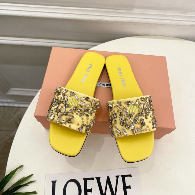 MIUMIU 26S SLIDES IN YELLOW SATIN CRYSTAL EMBELLISHED