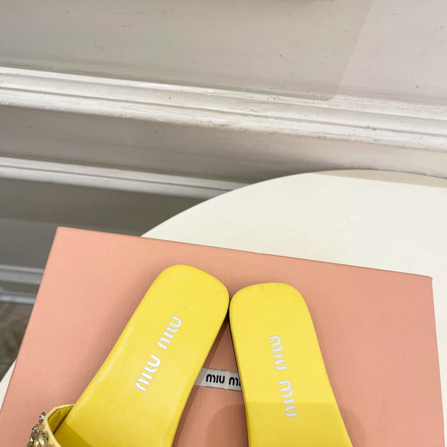 MIUMIU 26S SLIDES IN YELLOW SATIN CRYSTAL EMBELLISHED