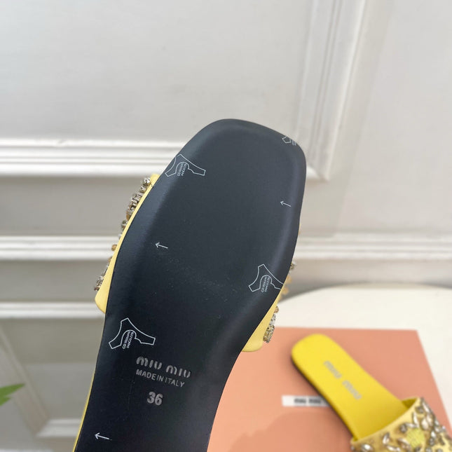 MIUMIU 26S SLIDES IN YELLOW SATIN CRYSTAL EMBELLISHED