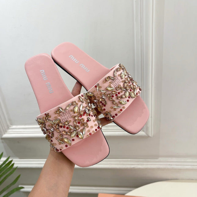 MIUMIU 26S SLIDES IN LIGHT PINK SATIN CRYSTAL EMBELLISHED