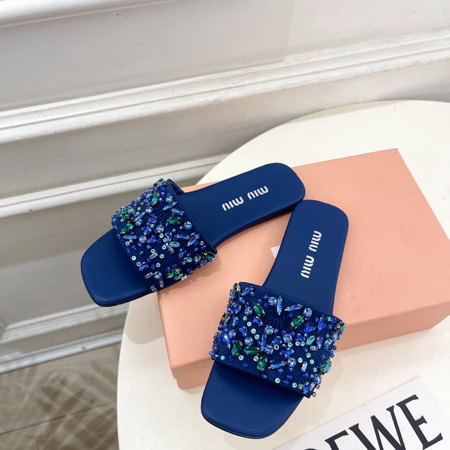 MIUMIU 26S SLIDES IN ROYAL BLUE SATIN CRYSTAL EMBELLISHED