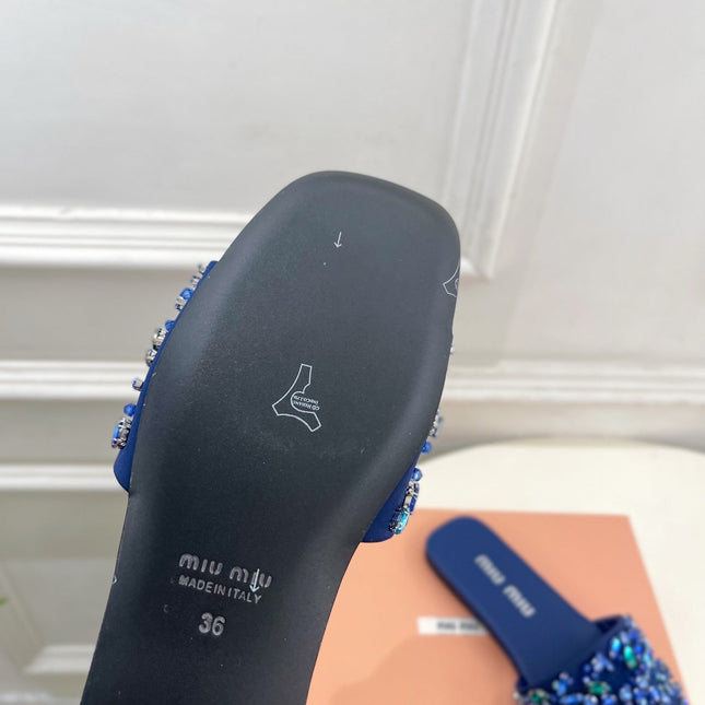 MIUMIU 26S SLIDES IN ROYAL BLUE SATIN CRYSTAL EMBELLISHED