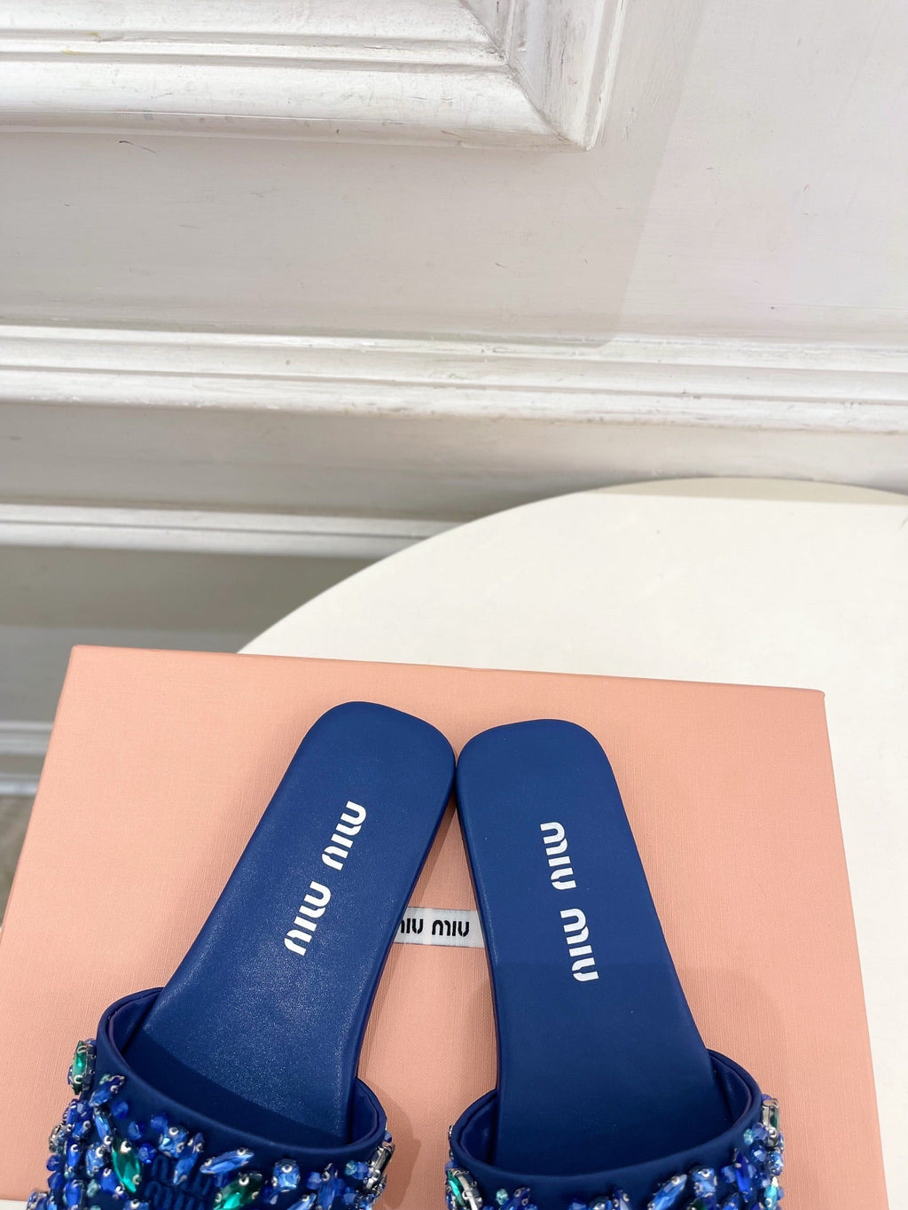 MIUMIU 26S SLIDES IN ROYAL BLUE SATIN CRYSTAL EMBELLISHED