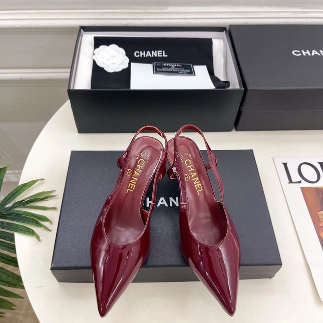 CHANEL 26S POINTED TOE HIGH HEELS 55 MM IN DARK RED PATENT LAMBSKIN