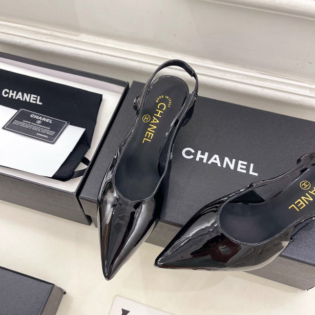 CHANEL 26S POINTED TOE HIGH HEELS 55 MM IN BLACK PATENT LAMBSKIN