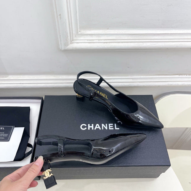 CHANEL 26S POINTED TOE HIGH HEELS 55 MM IN BLACK PATENT LAMBSKIN