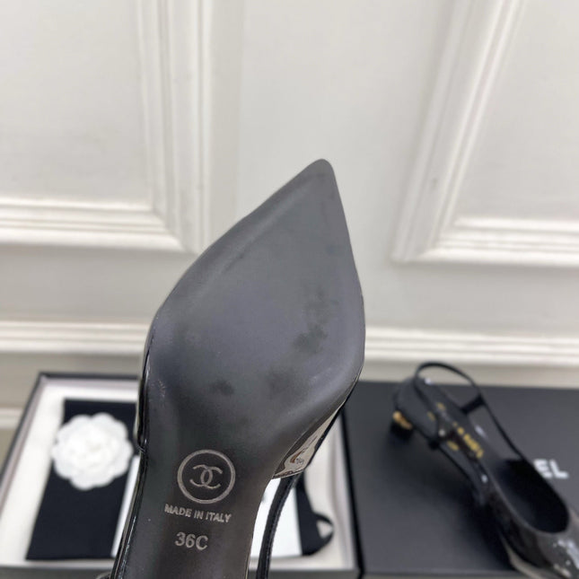 CHANEL 26S POINTED TOE HIGH HEELS 55 MM IN BLACK PATENT LAMBSKIN