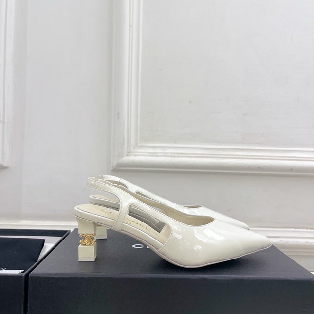 CHANEL 26S POINTED TOE HIGH HEELS 55 MM IN WHITE PATENT LAMBSKIN