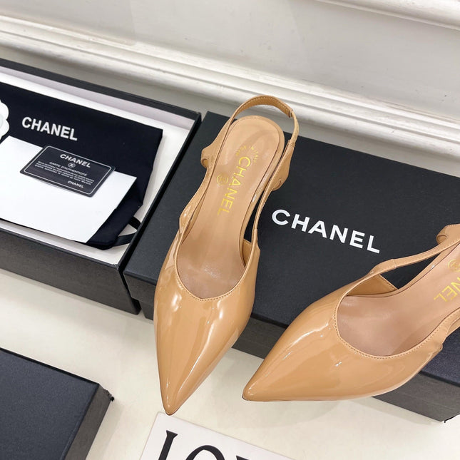 CHANEL 26S POINTED TOE HIGH HEELS 55 MM IN BEIGE PATENT LAMBSKIN