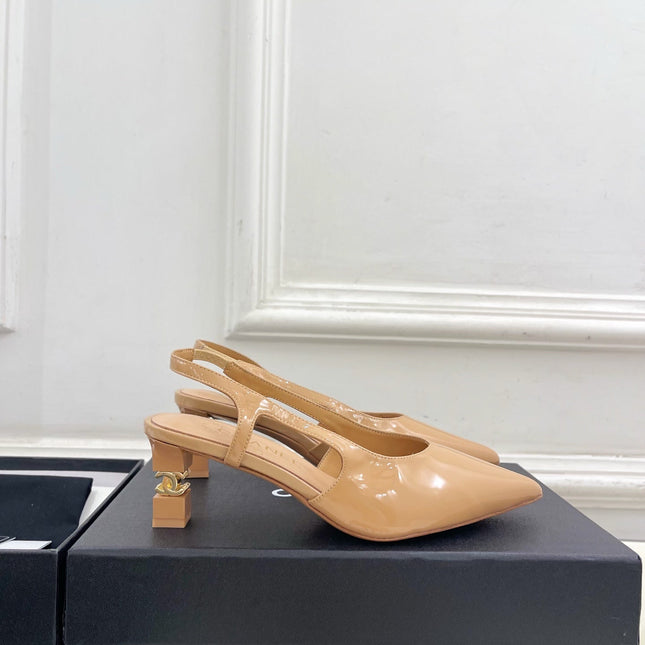 CHANEL 26S POINTED TOE HIGH HEELS 55 MM IN BEIGE PATENT LAMBSKIN