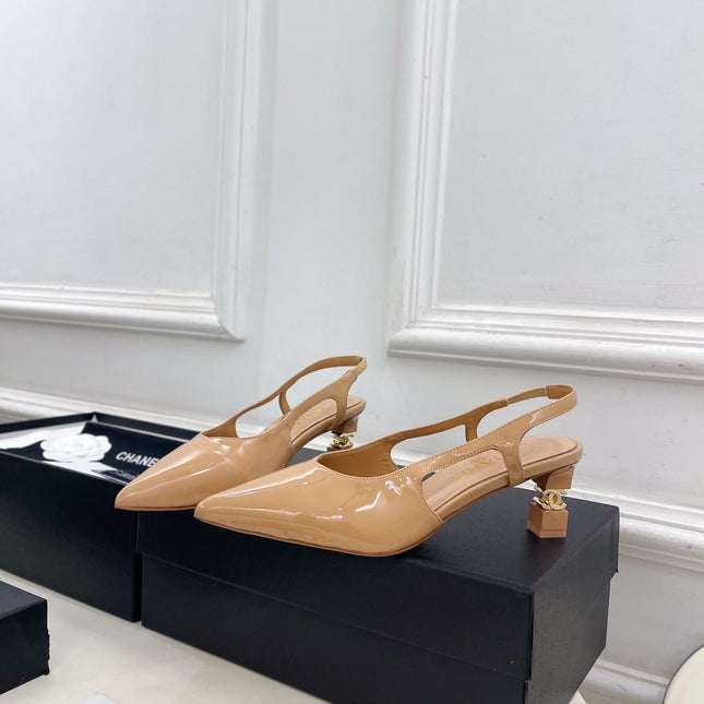 CHANEL 26S POINTED TOE HIGH HEELS 55 MM IN BEIGE PATENT LAMBSKIN