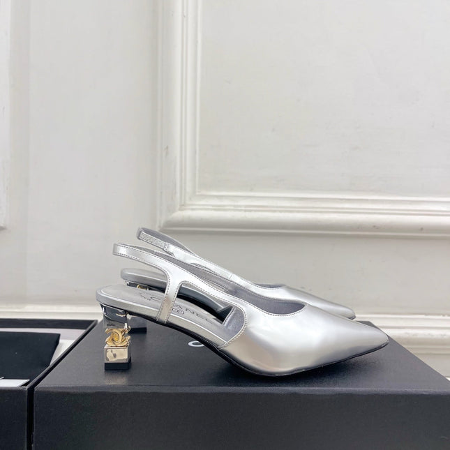 CHANEL 26S POINTED TOE HIGH HEELS 55 MM IN METALLIC SILVER LAMBSKIN