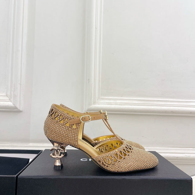 CHANEL 26S HIGH HEELS 65 MM IN GOLD WITH CRYSTAL EMBELLISHMENTS