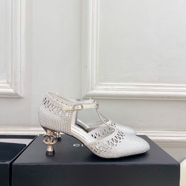 CHANEL 26S HIGH HEELS 65 MM IN WHITE WITH CRYSTAL EMBELLISHMENTS