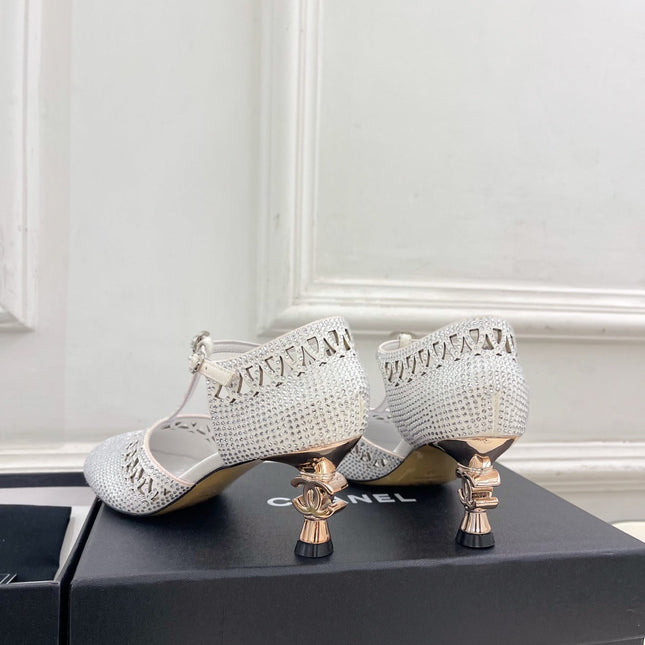 CHANEL 26S HIGH HEELS 65 MM IN WHITE WITH CRYSTAL EMBELLISHMENTS