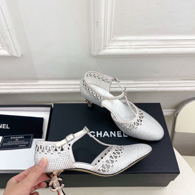 CHANEL 26S HIGH HEELS 65 MM IN WHITE WITH CRYSTAL EMBELLISHMENTS