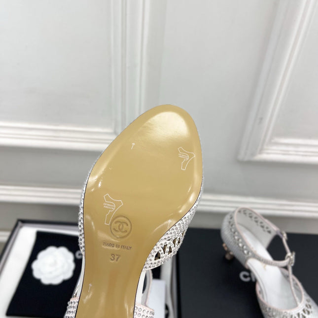 CHANEL 26S HIGH HEELS 65 MM IN WHITE WITH CRYSTAL EMBELLISHMENTS