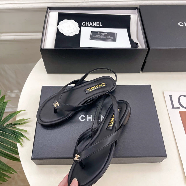 CHANEL 26S THONG SLINGBACK SANDALS IN BLACK LAMBSKIN