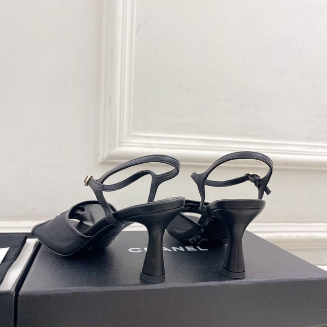 CHANEL 26S HIGH HEEL SLINGBACK SANDALS 70 MM IN BLACK MESH